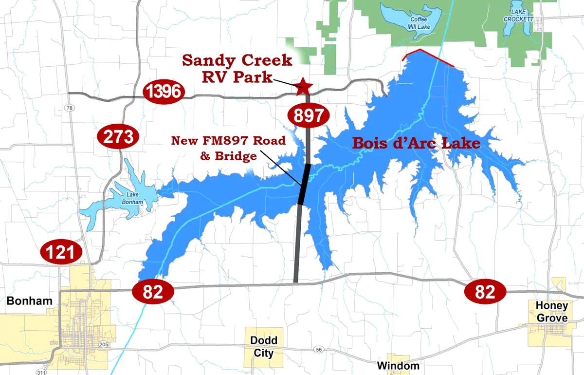 Local area map of Bois D'Arc Lake.
